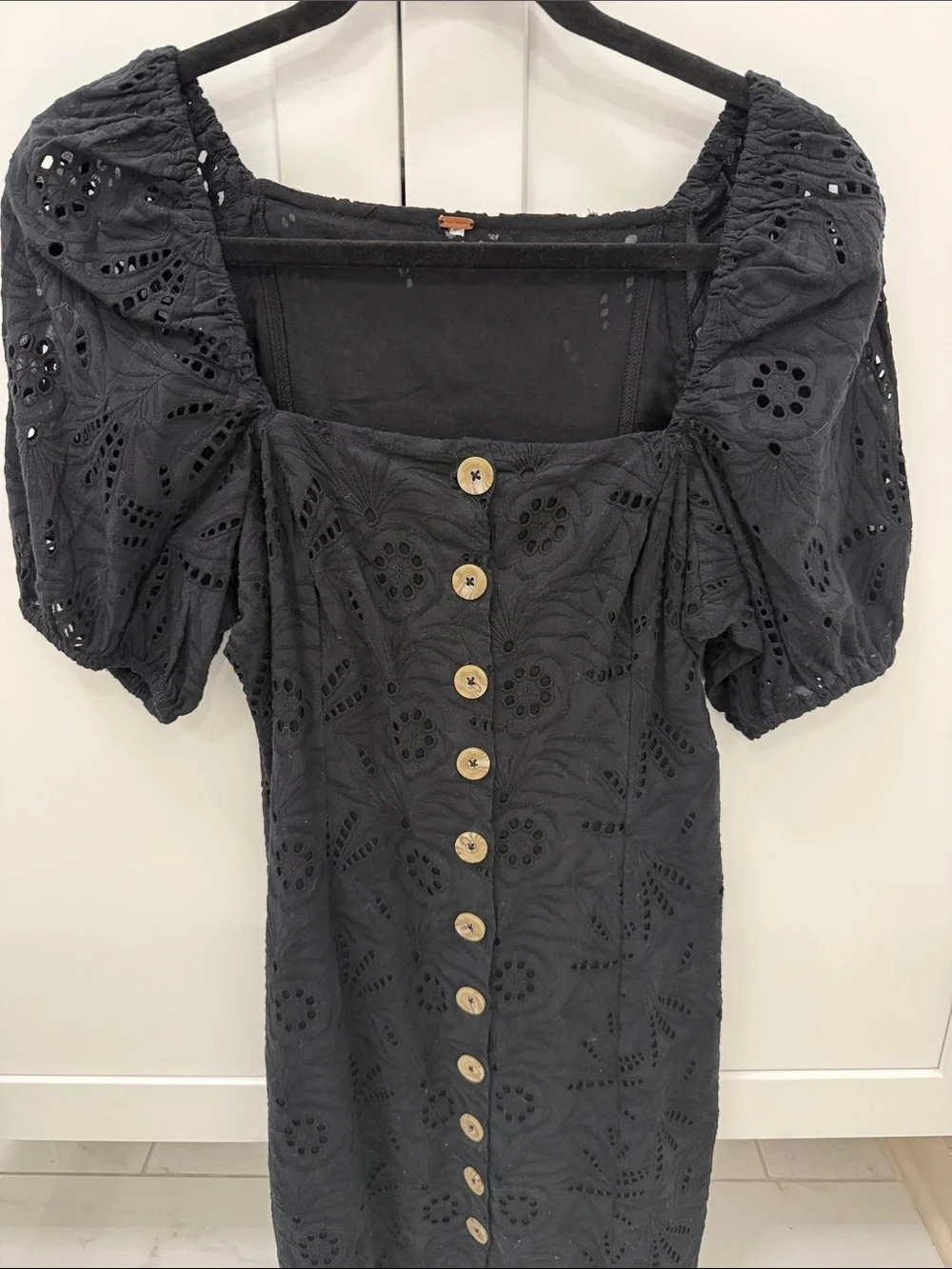 Free People Black Eyelet Button-Front Mini with Puff Sleeves